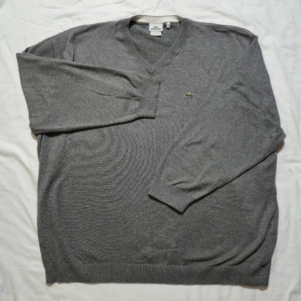 Lacoste V-Neck Sweater Mens 11R 4XL Gray 100% Cotton Big & Tall Pullover Devanla